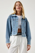 Happiness İstanbul Women's Light Blue Tassel Detailed Pocket Short Denim Jacket