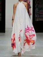 Women Holiday Floral Print Hanging Neck Loose Stylish Halter Maxi Dress