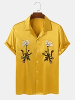 Mens Plants Embroidered Graphic Buttons Up Short Sleeve Shirts