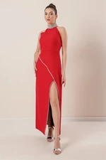 By Saygı Stone Detailed Long Dress with a Slit in the Front Red