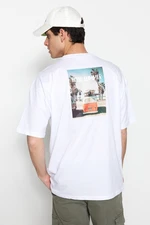 Trendyol White Oversize/Wide Cut Landscape Printed Short Sleeve 100% Cotton T-Shirt