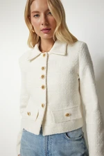 Happiness İstanbul Women's Cream Stylish Button Detailed Tweed Crop Jacket