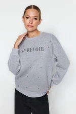 Trendyol Gray Melange Stones and Embroidery Detail in a Regular Fit Knitted Sweatshirt with Fleece Inside