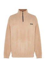 Trendyol Beige Men's Oversize/Wide Fit Sweatshirt with a Zipper Stand-Up Collar Thick Fleece/Plush with Labels.