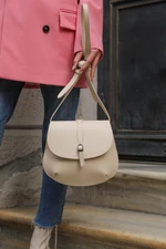 Madamra Beige Women's Shoulder Bag with Buckle Clamshell.