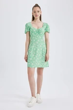 DEFACTO Heart Collar Floral Balloon Sleeves Mini Short Sleeve Woven Dress