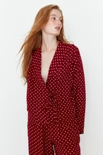 Trendyol Burgundy Heart Patterned Tie Detailed Shirt-Pants Woven Pajama Set