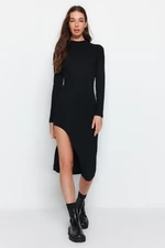 Trendyol Black Ribbed Deep Slit Detail Fit Midi Stretch kötött ruha