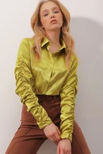 Trend Alaçatı Stili Women's Oil Green Satin Shirt with Shirred Sleeves