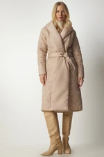 Happiness İstanbul Women's Cream Belted Shawl Collar Quilted Coat