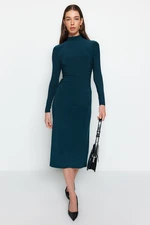 Trendyol Emerald Green Draping Detail Stand Up A-Line Flexible Midi Knit Dress