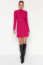 Trendyol Fuchsia Stand-Up Collar, Fitted, Knitted Mini Dress with Pleats