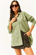 Olalook Women's Mustard Green Six Oval Woven Shirt with Stones on the Collar and Front