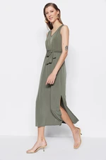 Trendyol Khaki Tie Detail Midi V-Neck Stretchy Knit Dress