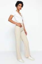 Trendyol Mink Straight/Straight Fit High Waist Ribbed Stitched Woven Trousers