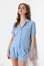 Trendyol Blue 100% Cotton Teddy Bear Embroidered Shirt-Shorts Knitted Pajamas Set