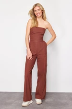 Trendyol Brown Cargo Pocket Strapless Collar Maxi Woven Jumpsuit