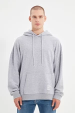 Trendyol Basic Gray Oversize/Wide Cut Hooded Labeled Fleece Inside Cotton Sweatshirt