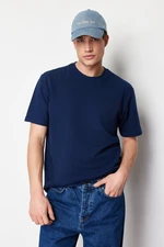 Trendyol Navy Blue Oversize/Wide Cut 100% Cotton Knitwear Textured T-Shirt