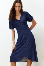 Trendyol Navy Blue Balloon Sleeve Printed Midi Stretchy Knitted Midi Dress