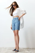 Trendyol Light Blue Ripped High Waist Denim Bermuda