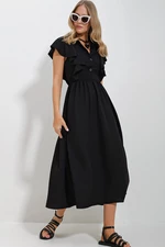 Trend Alaçatı Stili Dámské černé šaty s límečkem, poloviční volánkový detail, skrytý zip, midi délka