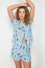 Trendyol Blue-Multi Color Patterned Piping Detailed Viscose Woven Pajamas Set