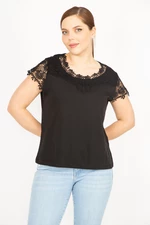 Şans Women's Black Plus Size Cotton Fabric Lace Detail Blouse