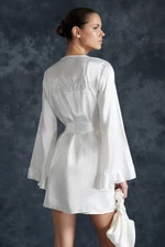 Trendyol Bridal White Belted Satin Woven Dressing Gown with Flounce and Back Embroidery Detail and Gift Bag