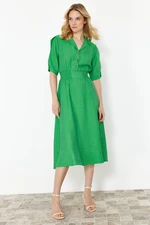 Trendyol Green A-line Shirt Collar Guiped Midi Woven Dress