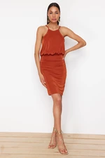 Trendyol Cinnamon Draped Bright Surface Soft Texture Lined Knitted Mini Pencil Dress