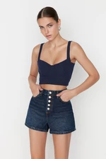 Trendyol Dark Blue High Waist Denim Shorts With Buttons