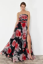 Trendyol Fuchsia-Multicolored Floral Woven Long Evening Dress
