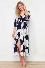 Trendyol Navy Blue Floral Print A-line Double-breasted Collar Midi Woven Dress