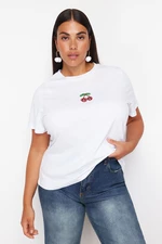 Trendyol Curve White Crew Neck Cherry Patterned Beaded Basic Knitted T-shirt