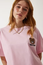 Happiness İstanbul Women's Light Pink Teddy Bear Crest Crop Knitted T-Shirt