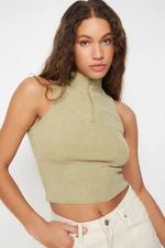 Trendyol Khaki Worn/Faded Effect Fitted Zippered Ribbed Cotton Stretch Knitted Blouse