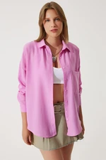 Happiness İstanbul Women's Light Pink Oversize Linen Ayrobin Shirt