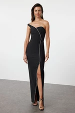 Trendyol Black Body-Fitting Stone Accessory Single Sleeve Long Elegant Evening Dress