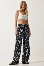Happiness İstanbul Women's Vivid Black and White Patterned Flowy Viscose Palazzo Trousers