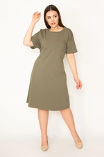 Şans Women's Plus Size Khaki Crew Neck Short Sleeve Waist Belted Dress