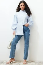 Trendyol Light Blue Ruffle Detailed Cotton Basic Woven Shirt