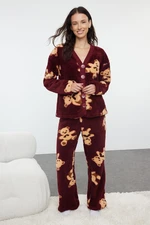 Trendyol Claret Red Teddy Bear Patterned Wellsoft Winter Knitted Pajamas Set