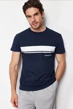 Trendyol Navy Regular/Real Fit Crew Neck Striped Printed 100% Cotton T-shirt