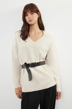 Trendyol Stone Wide Pattern Belted Soft Texture Knitwear Sweater