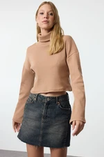 Trendyol Mink Fitted High Collar Crop Stretchy Knitted Blouse