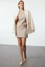 Trendyol Cream Houndstooth Straight Cut Button Detailed Tweed Woven Dress