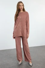 Trendyol Dusty Rose Embroidery Look Self-Patterned Knitwear Top-Bottom Set