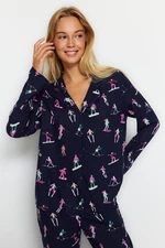 Trendyol Navy Viscose Ski Patterned Shirt-Pants Woven Pajamas Set