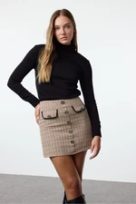 Trendyol Camel Tweed Fabric, Pocket and Button Detailed Plaid Patterned Mini Woven Skirt